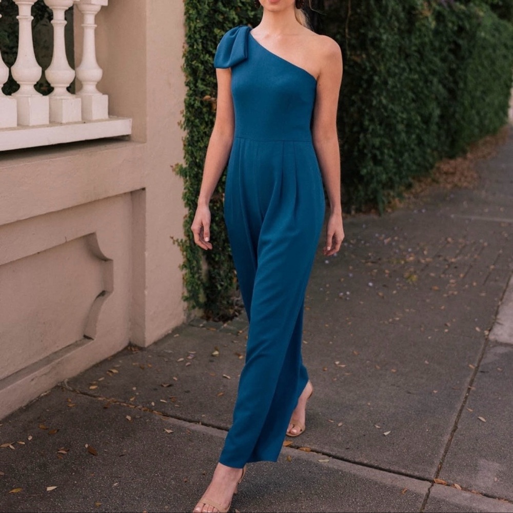 Gal Meets Glam Blue Sylvia One Shoulder Bow Jumpsuit, 4